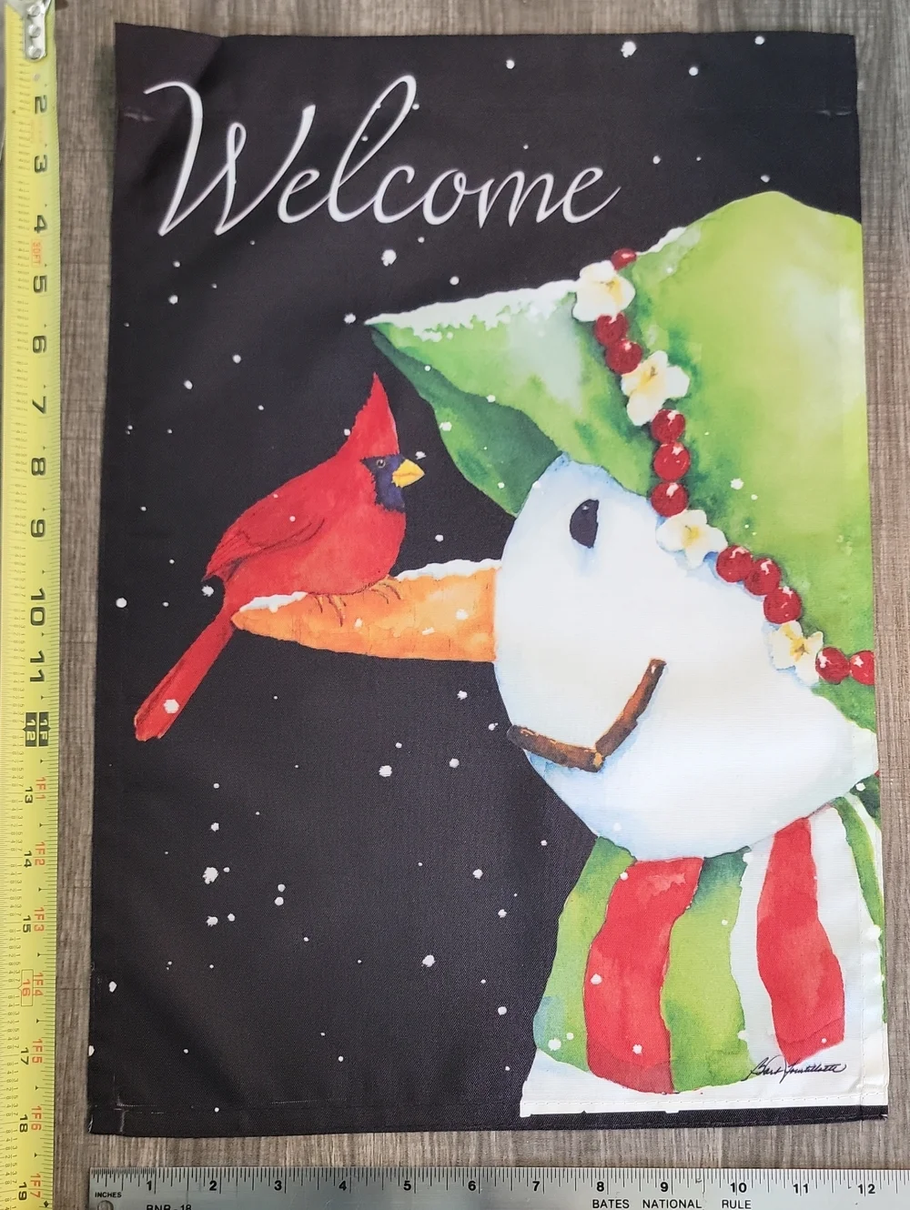 Decorative Seasonal Garden Flag Multi-colored. Snowman & Bird.